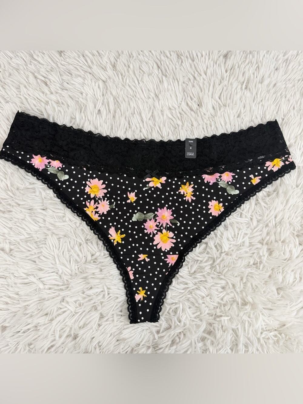 TORRID Curve Black Floral & Polka Dot Lace-Trim Thong Panty Plus Size 4 NWT
